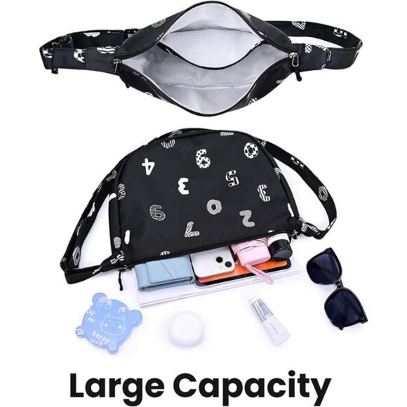 Mini Crescent Bag with Adjustable Strap, 2 Zippers Lightweight Nylon Bag - Black - Picture 4 of 6